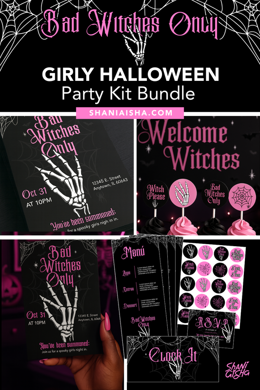 Editable Halloween party kit with pink and black spooky invitations, menus, banners, and cupcake toppers styled on a Halloween tablescape