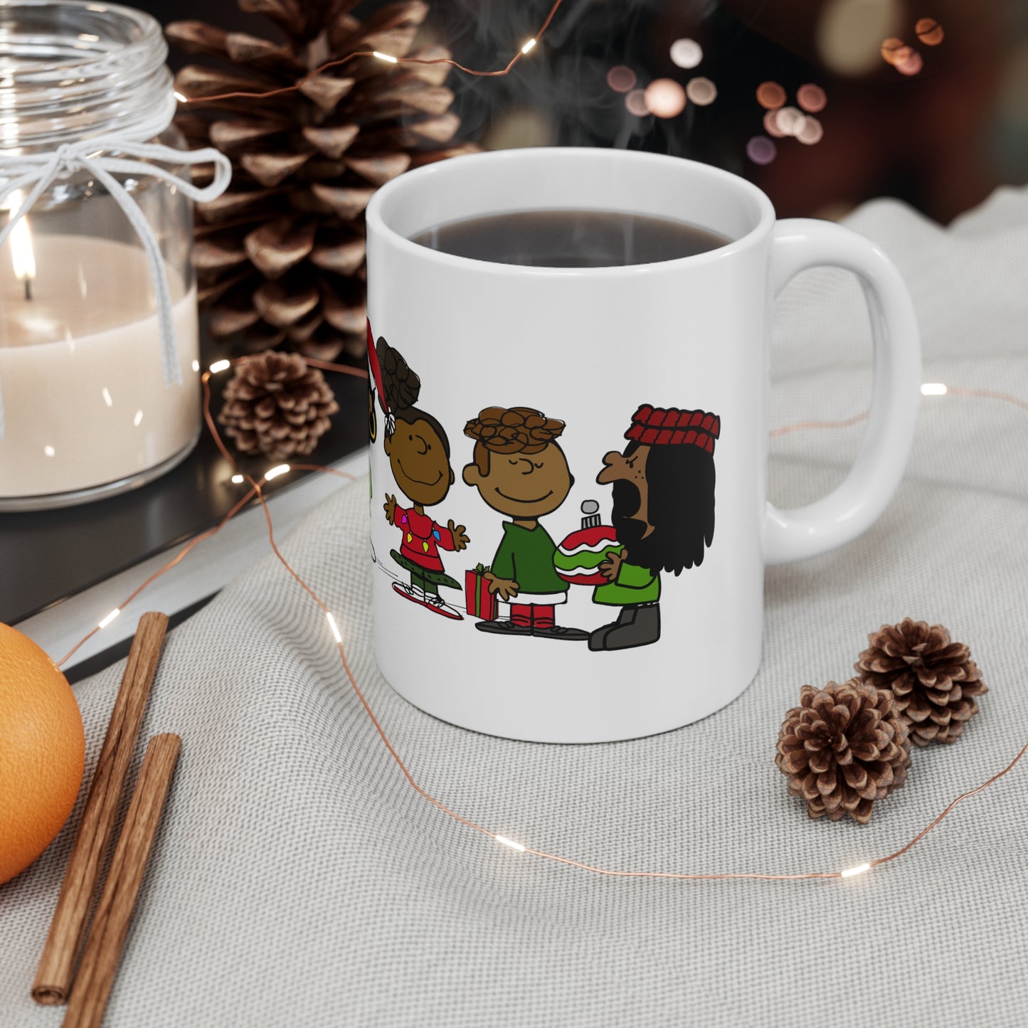 Black Charlie Brown Characters Christmas Mug