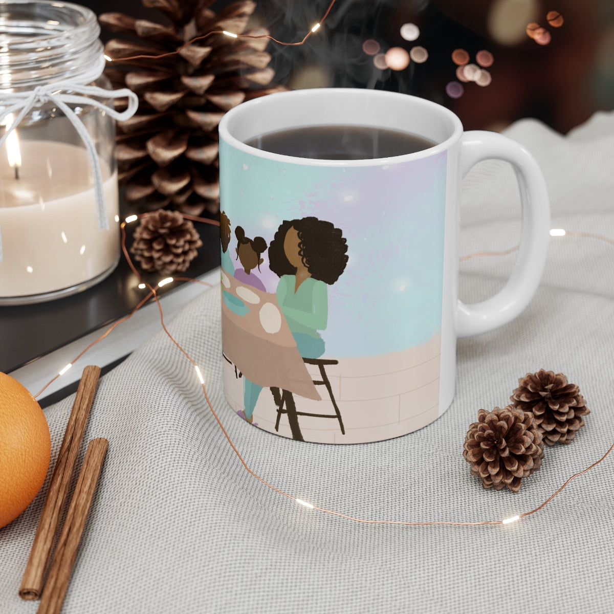 Black People Christmas Holiday Dinner Mug - Santa Cup - African American - Black Woman Art - Brown Skin Men - December 25th - Winter Season