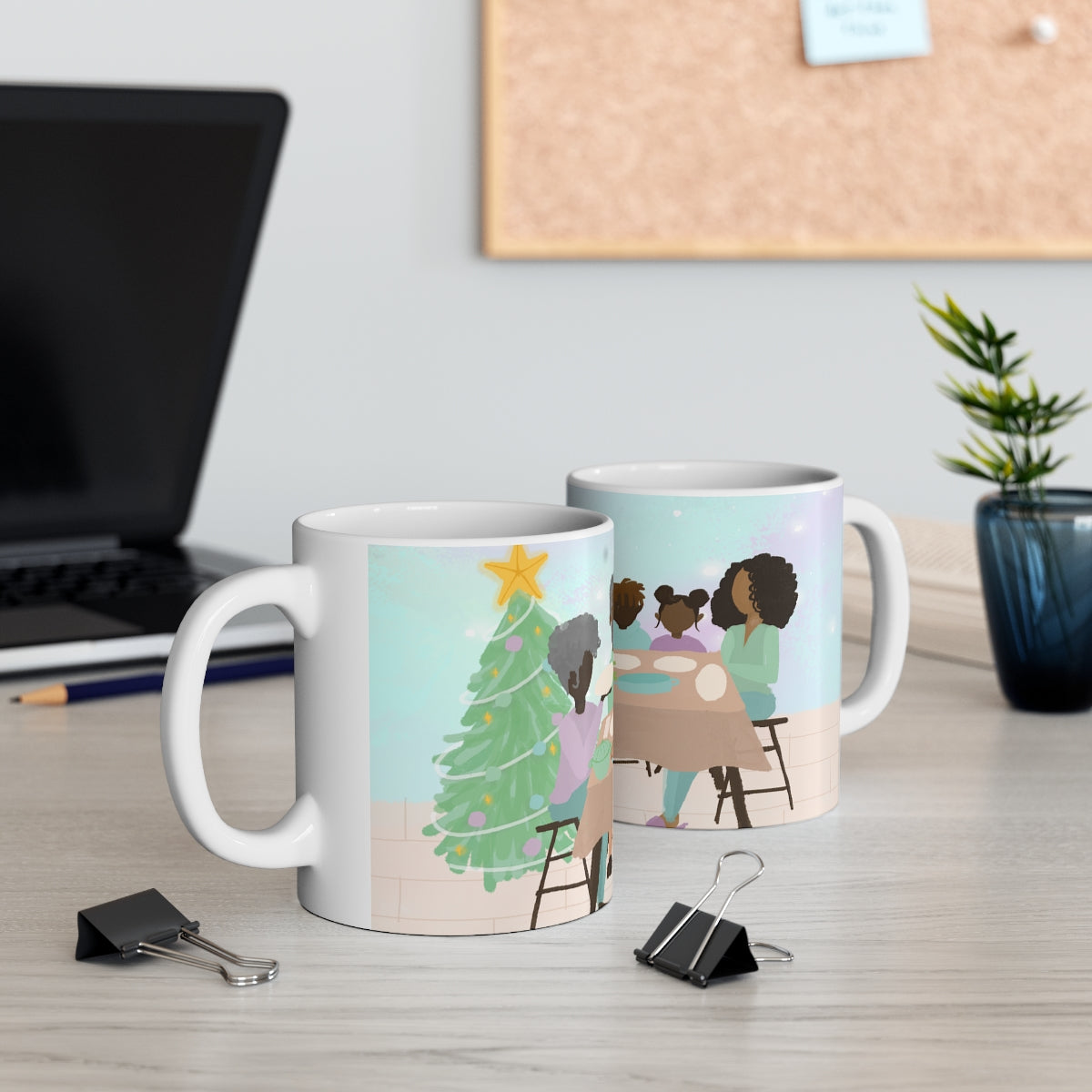 Black People Christmas Holiday Dinner Mug - Santa Cup - African American - Black Woman Art - Brown Skin Men - December 25th - Winter Season