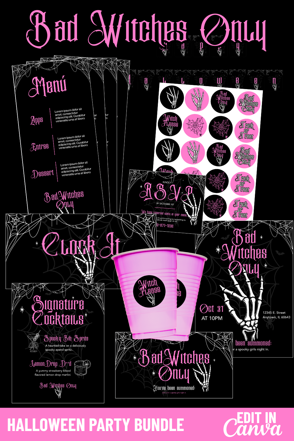 Bad Witches Only Halloween Party Kit (Editable Canva Templates)