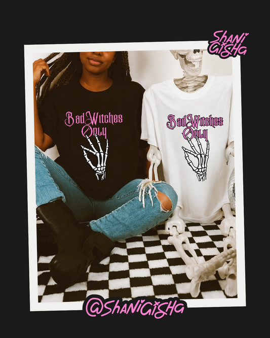 Bad Witches Only T-Shirt | Spooky Chic Halloween Graphic Tee | Black & Pink Witchy Shirt